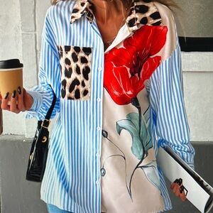 Striped Floral and Leopard Print Women's Top